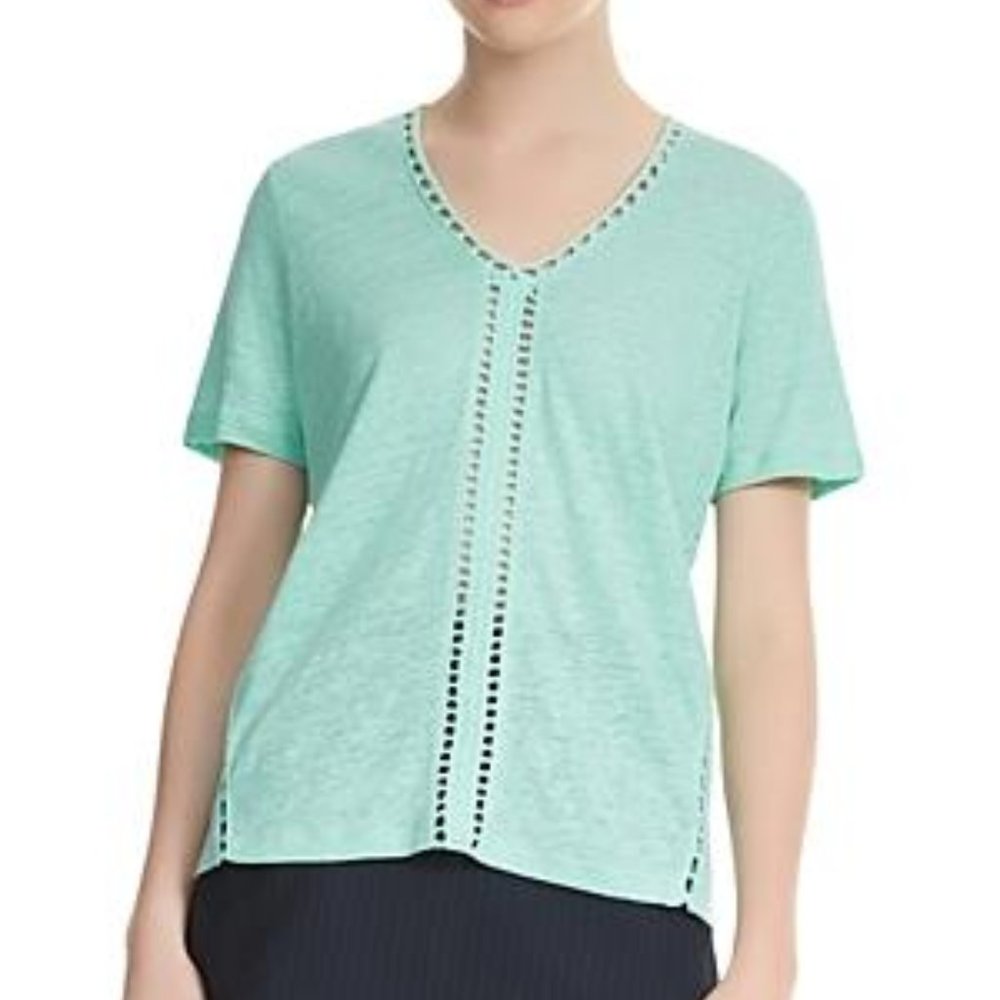 NWT MAJE Tyo Crochet Stitch Inset Perforated Linen Tee in Sea Green